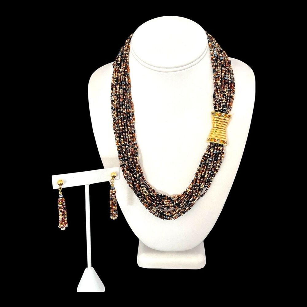 Vintage 1990s Joan Rivers Multi Strand Necklace Earrings Set Seed Bead - 2Y